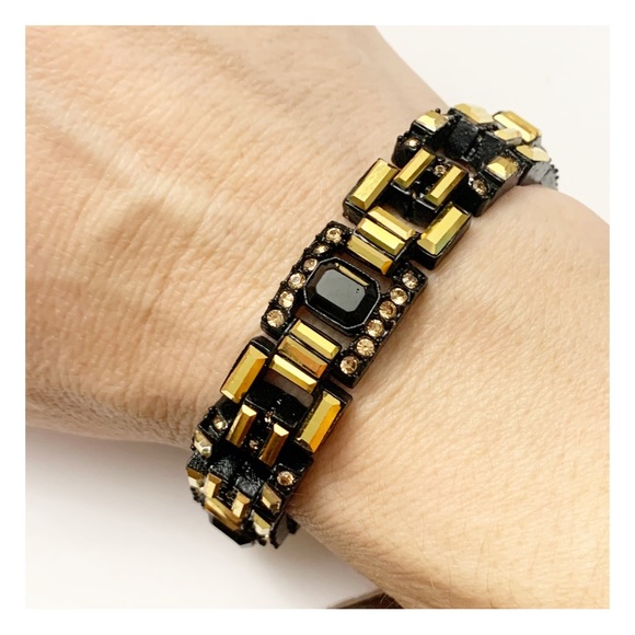 Black enamel and gold and champagne rhinestone art deco style bracelet - Picture 9 of 13